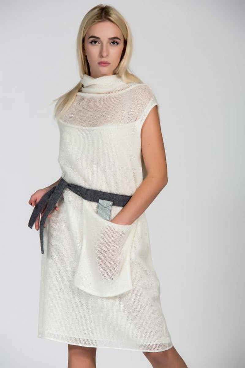 Buy Elegant white sleeveless mohair dress, stylish designer unique dress