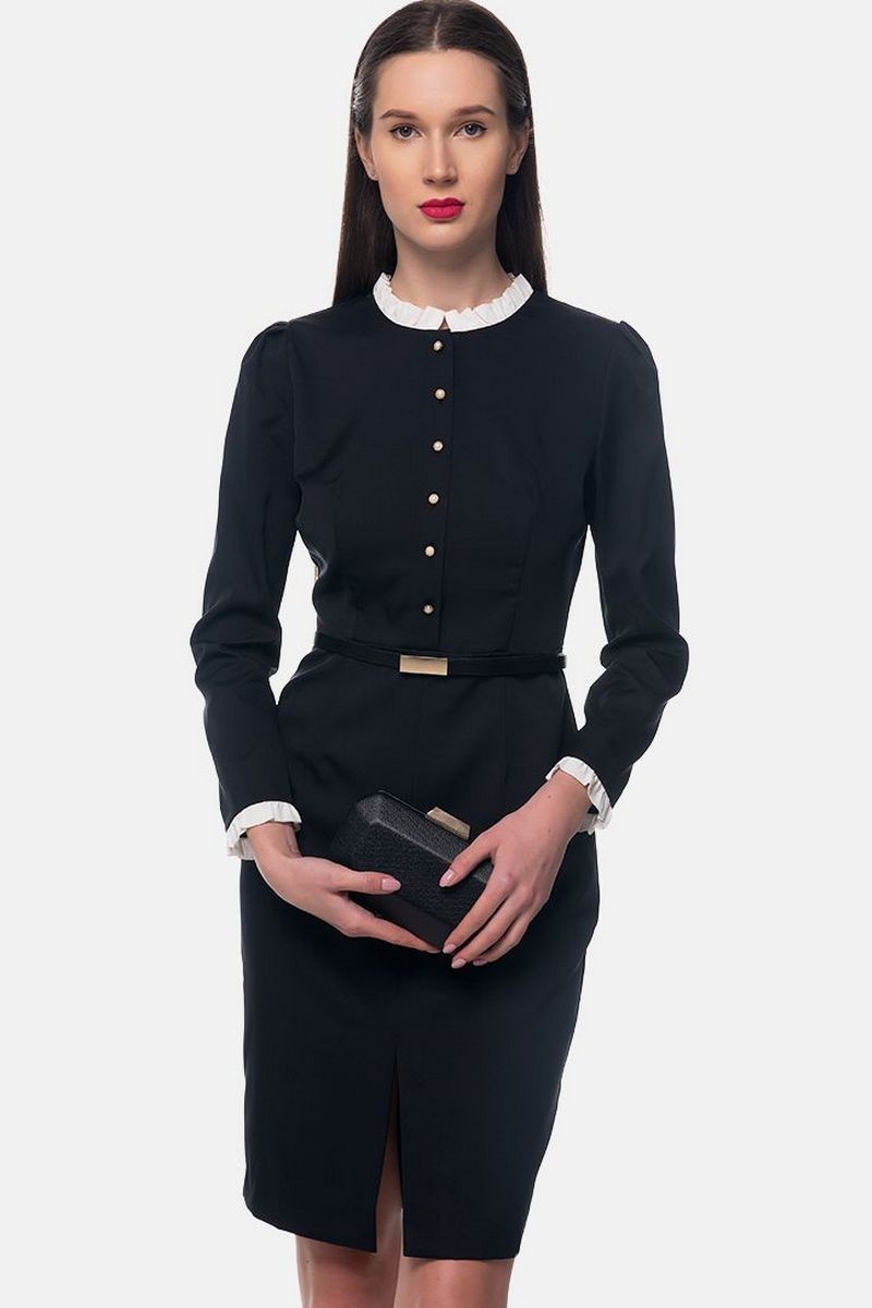 Buy Business black long sleeve dress, fitted stand-up collar buttons dress
