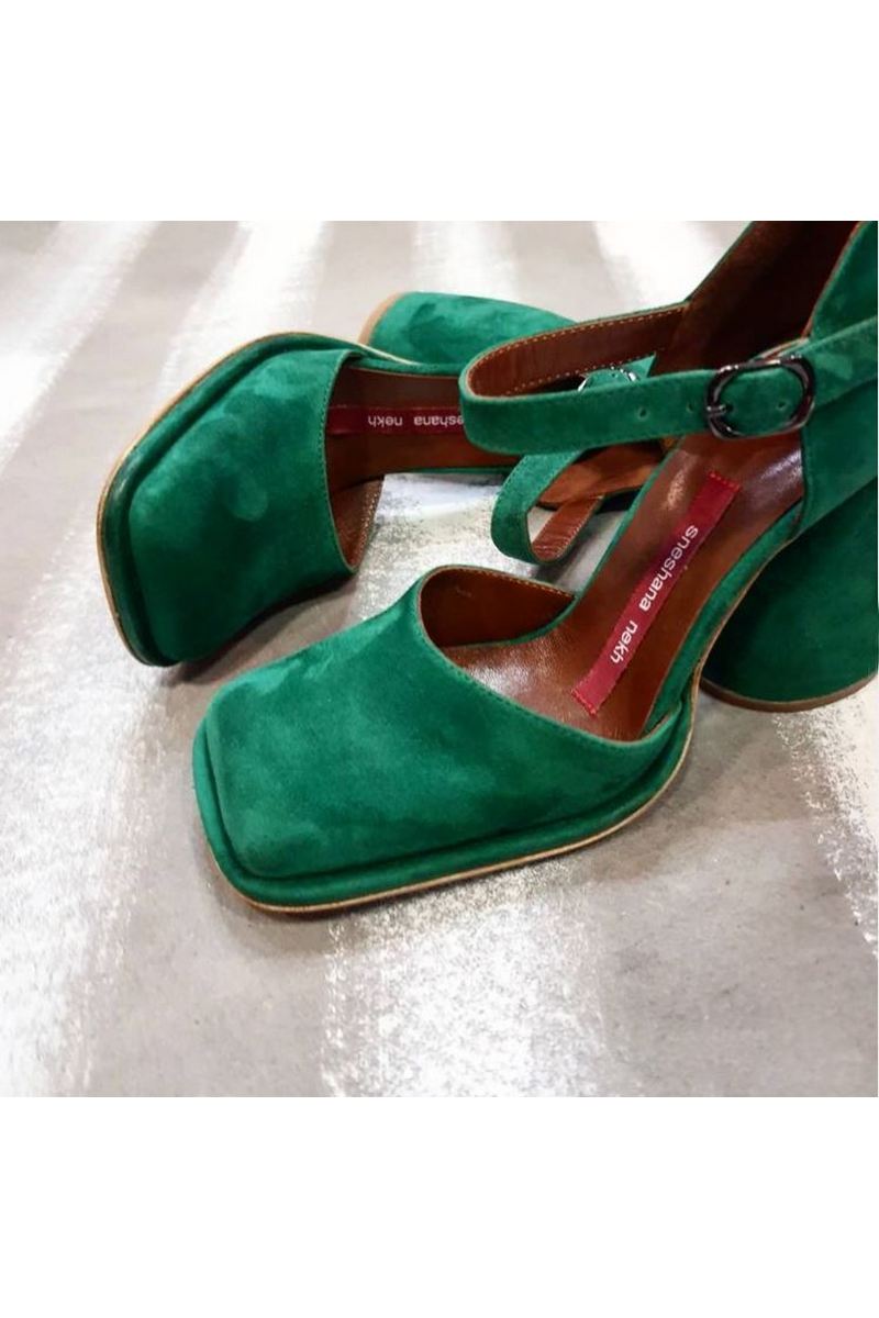 Buy Women Green Suede Comfy High Heel Square Toe Shoes Slip On Suede Office with Buckle