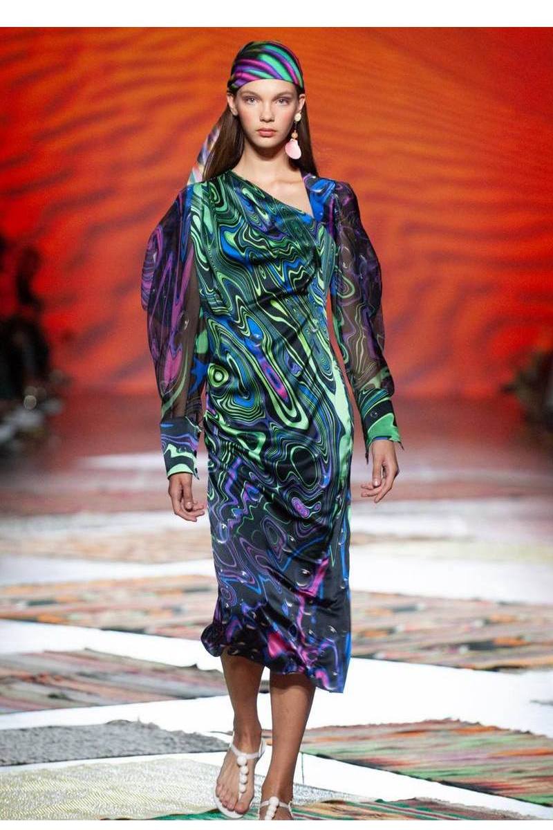 Buy Silk midi elegant multicolor dress, party asymmetric chiffon sleeves unique design dress