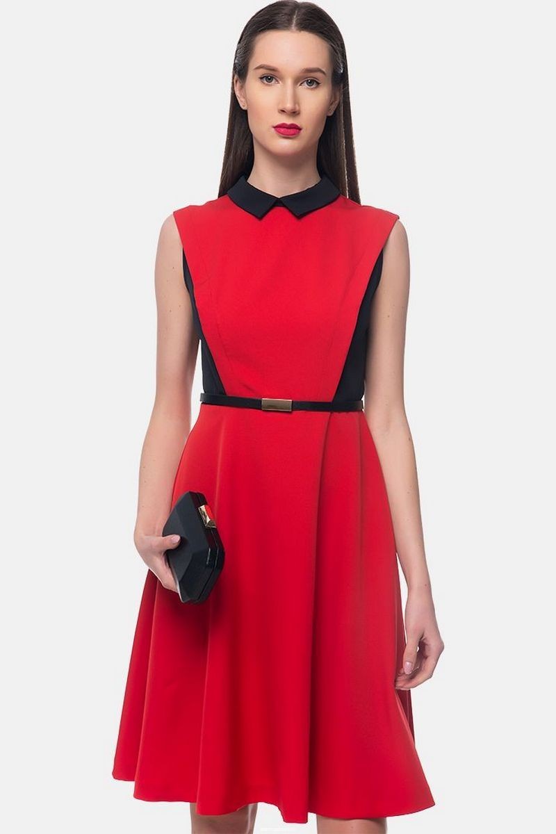 Buy Red sleeveless business elegant dress, zipper fitted knee-length stylish designer dress