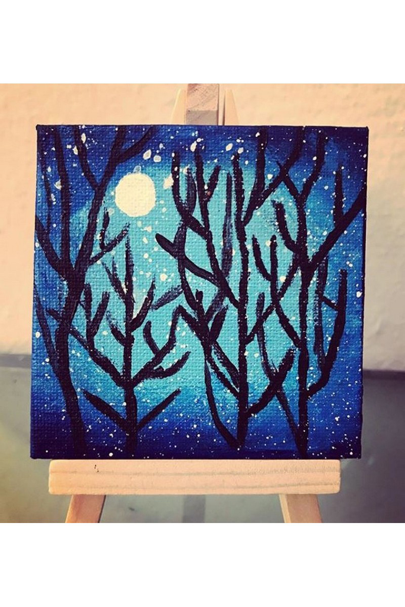 Buy Night forest blue mini canvas, acrylic painting, American modern art work