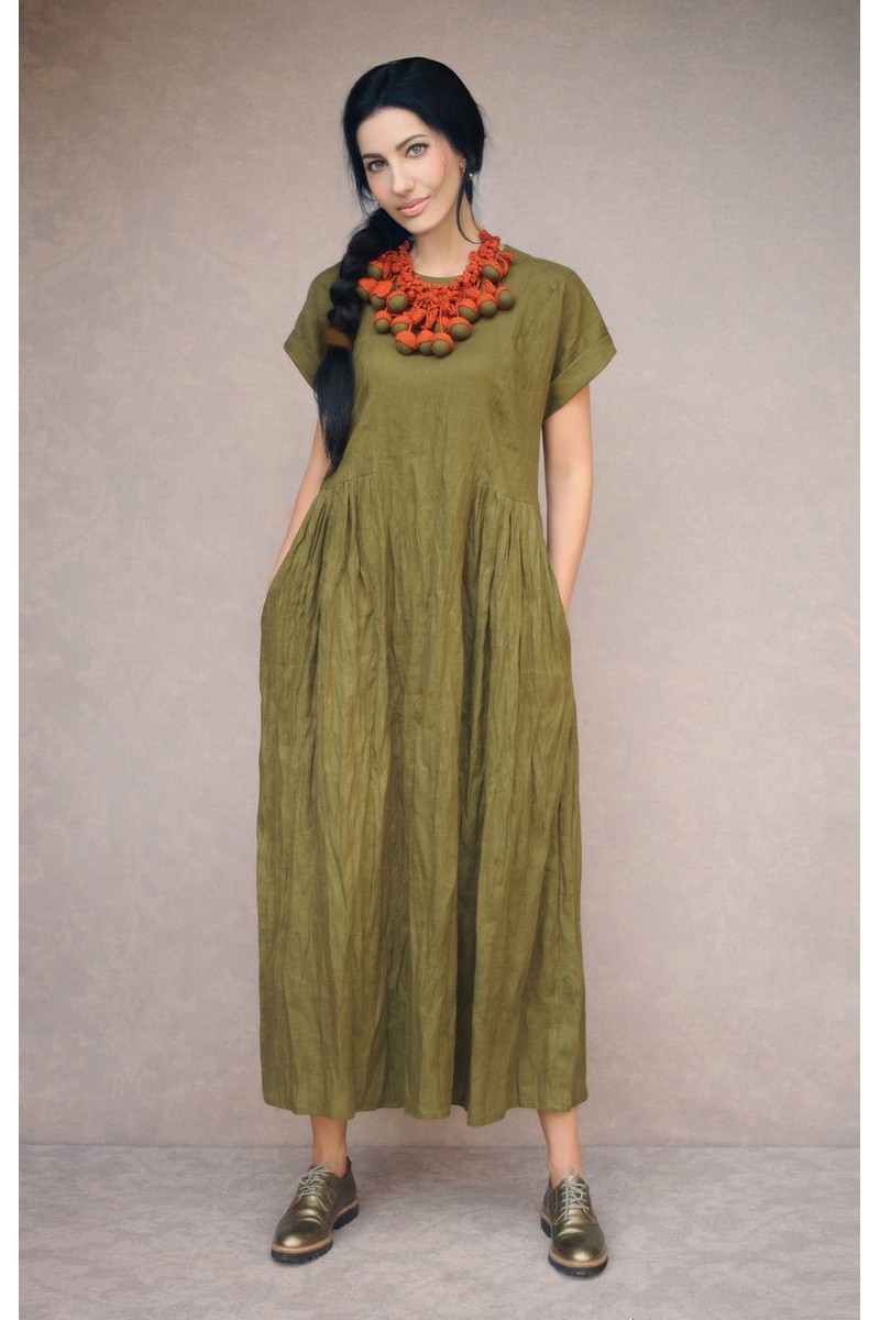 Buy Handmade women`s khaki long linen dress with decor, designer stylish sundress