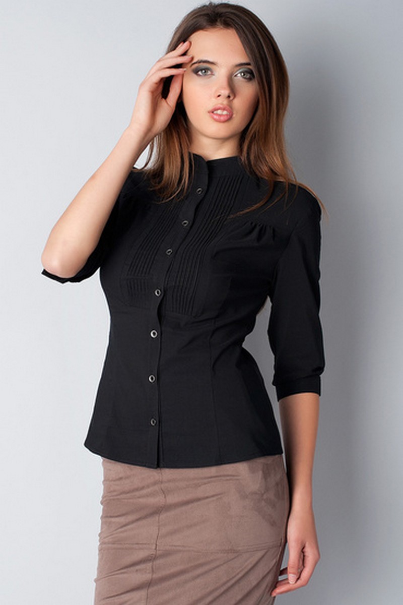 Buy Minimalist comfortable black cotton stretch frill 3/4 sleeve business blouse