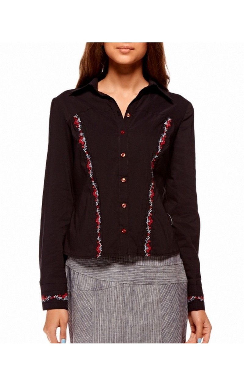 Buy Embroidered black cotton long sleeve buttons office business casual blouse