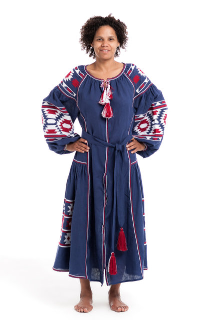 Buy Women's Ukrainian Maxi Dress of Linen with Embroidery and Belt, vyshivanka