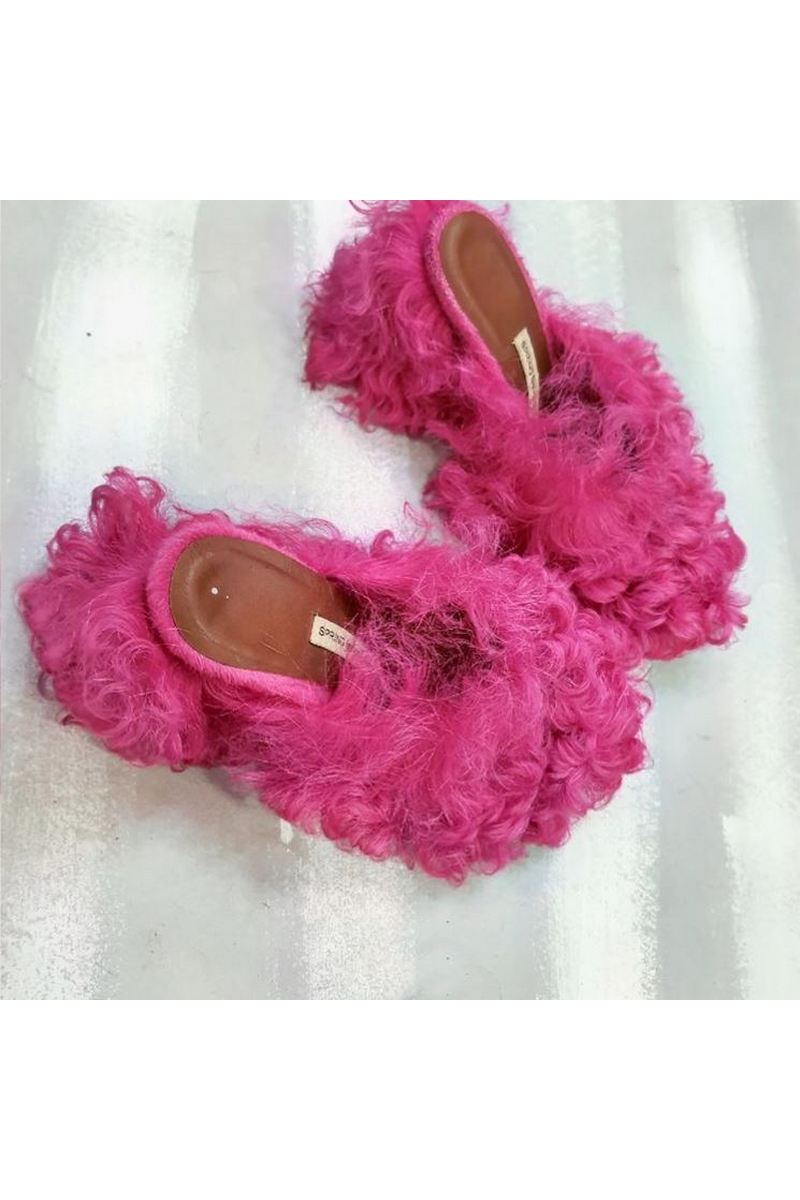 Buy Women pink faux fur open heel mules, fashion designer handmade exclusive shoes