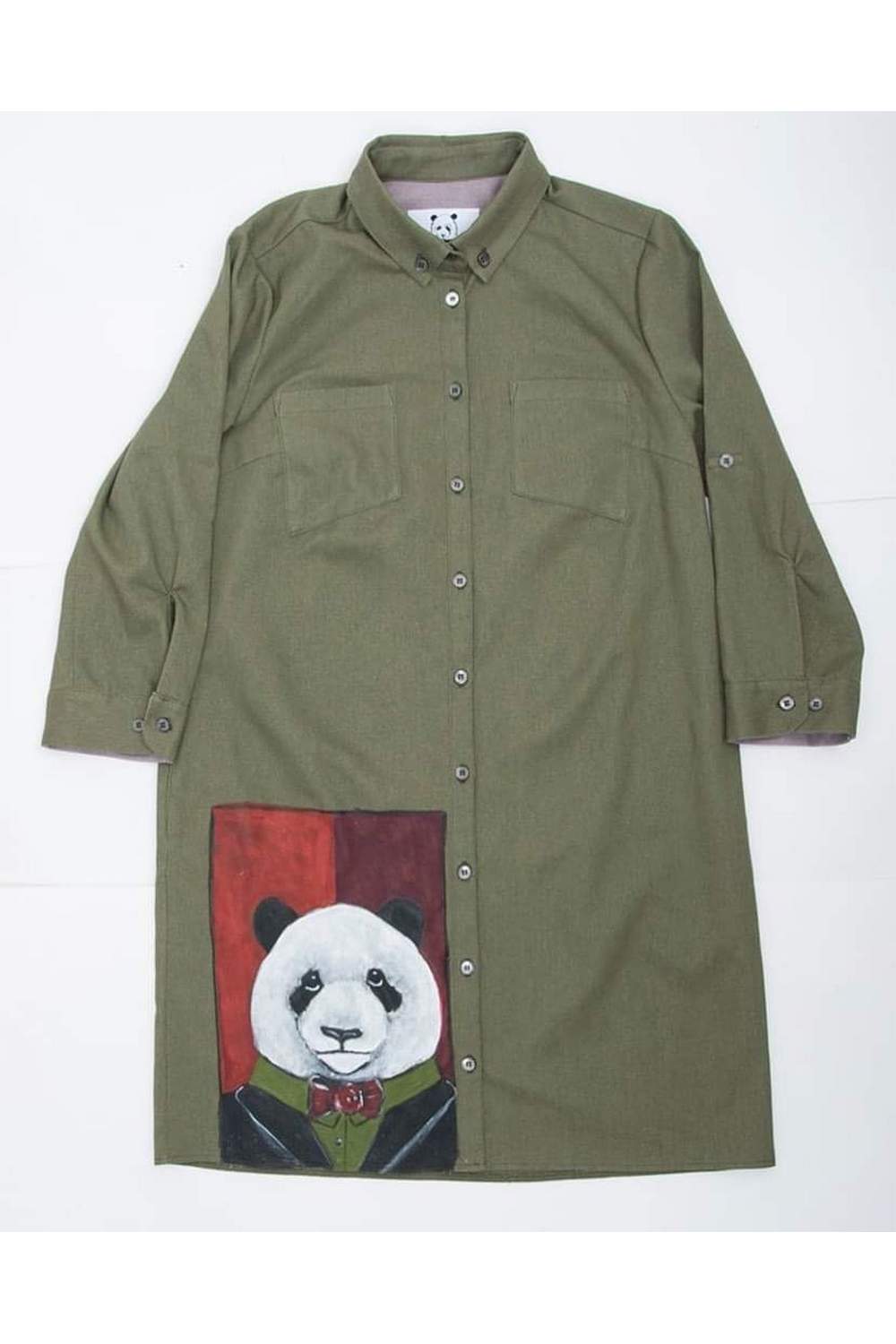 Buy Khaki Panda Casual Loose Women`s Cotton Hippie Print shirt dress , Unique stylish Long sleeve dress