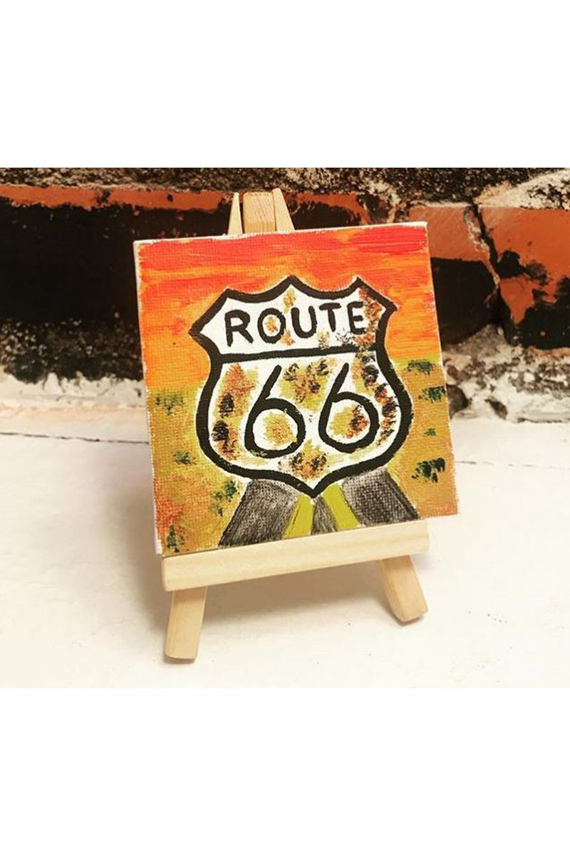 Buy Modern yellow acrylic art Route 66 painting, mini canvas art work easel