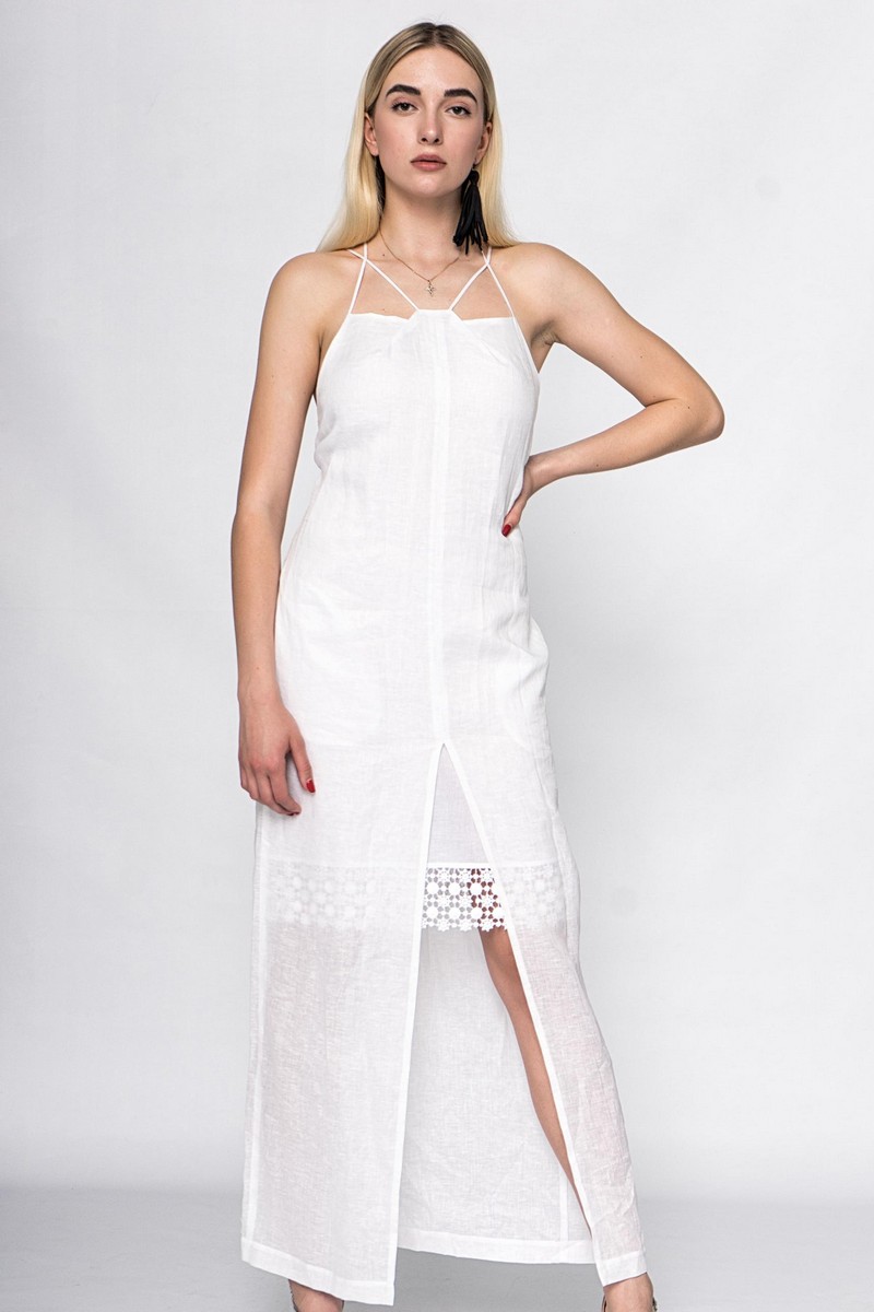 Buy Long linen white summer sundress, Open back comfortable party dress