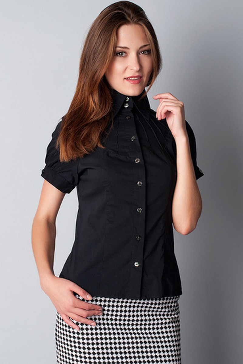 Buy Business Black Comfortable Cotton Short Sleeve Buttons Casual Blouse