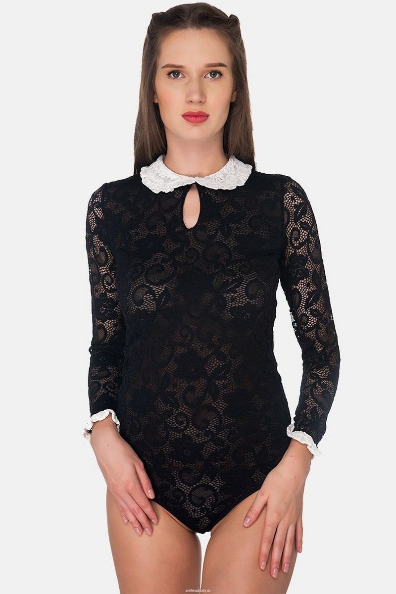 Buy Black fitted guipure buttons body, long sleeve lace bodycon office blouse body