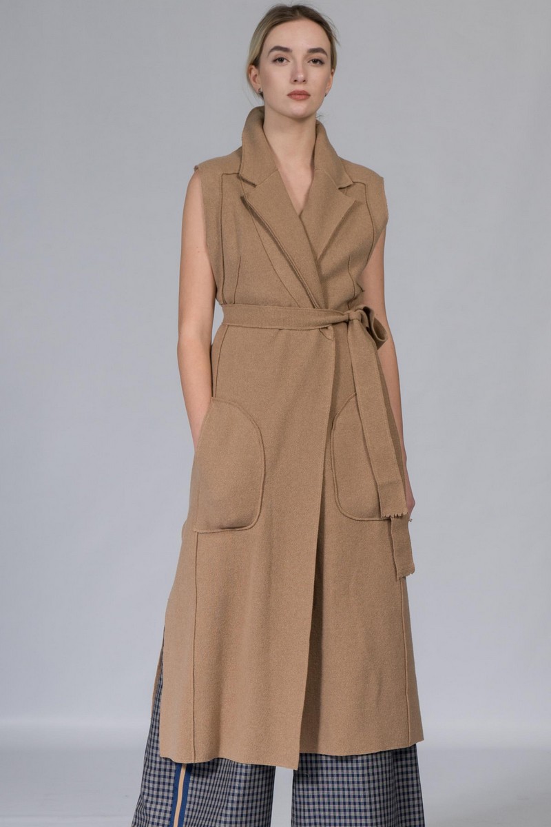 Warm wool long coat vest, Brown stylish office classic sleeveless coat