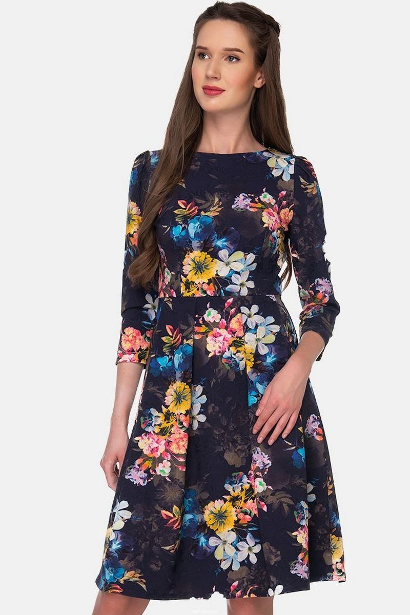 Buy Blue floral print fitted dress, zipper 3/4 sleeve knee-length dress, designer stylish elegant dress