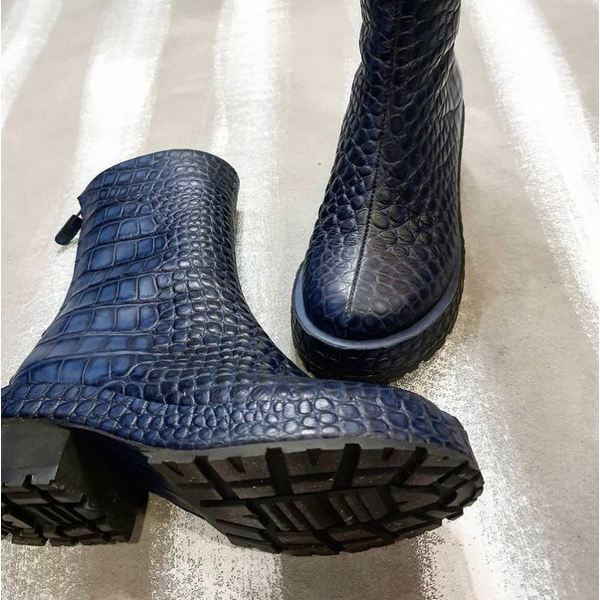  Womens Side Zipper Platform Boots Blue Leather Round Neck Print Crocodile Ancle Boots