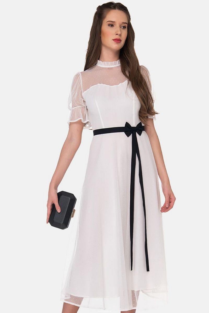 Buy White Fitted Midi Evening dress, Short Sleeve Fancy Bow Belt Lining Mesh Dress