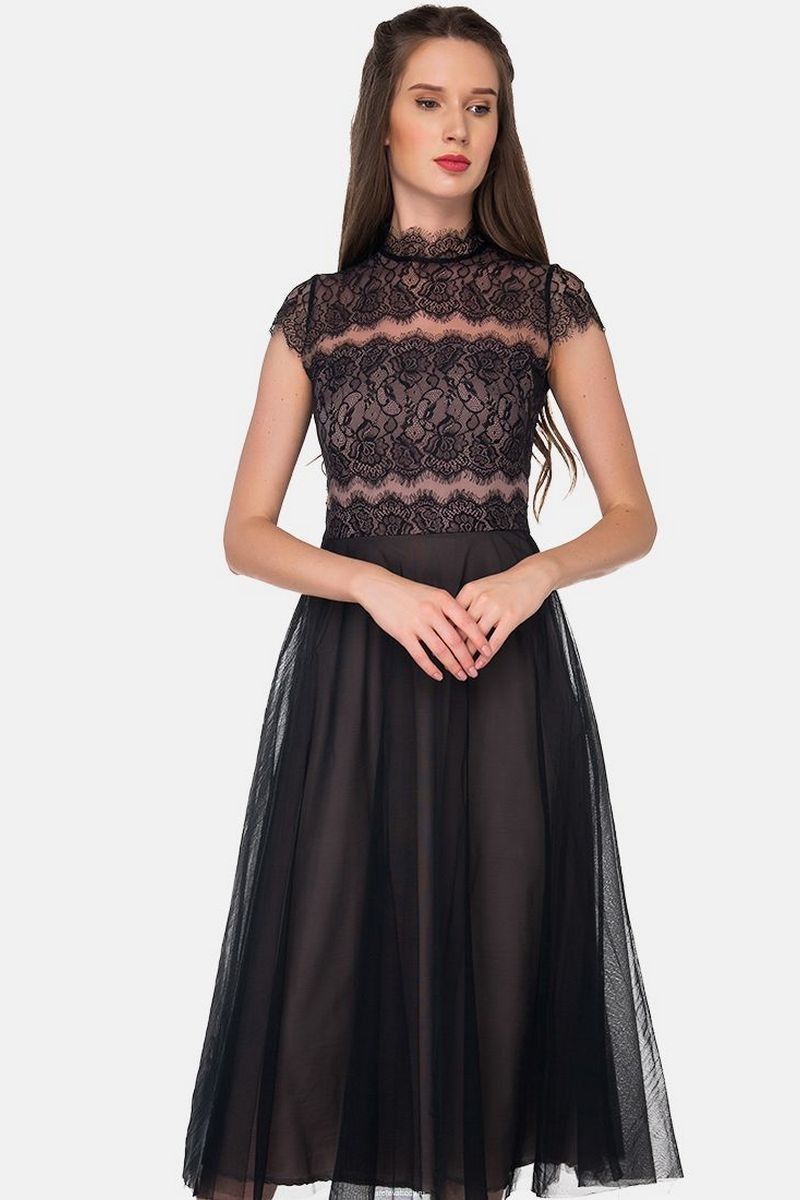 Buy Evening elegant midi guipure dress, short sleeve fitted zipper on the back wide skirt dress