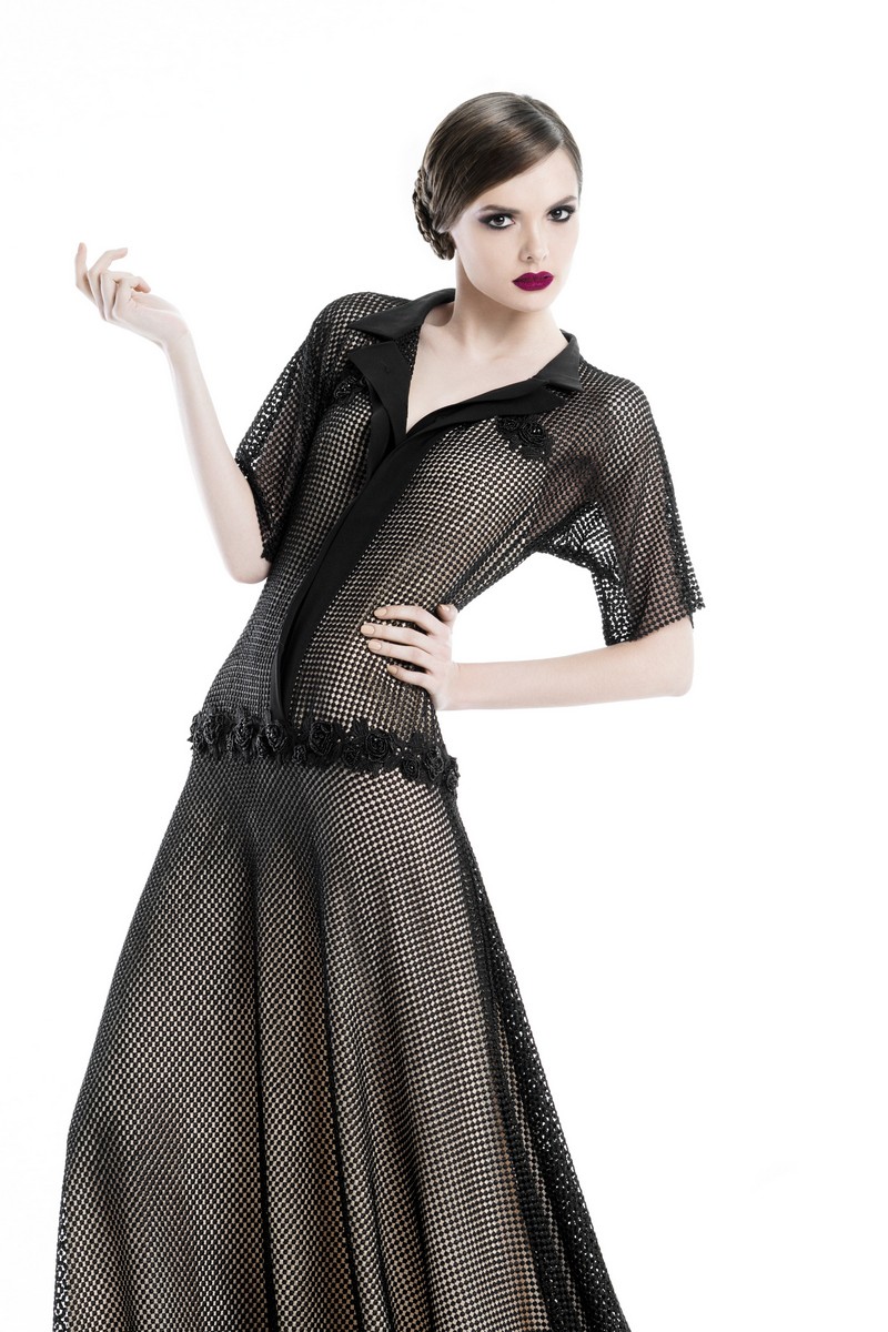 Buy Translucent Vintage Long Black Beige Short Sleeve Beaded Stripe Buttons Dress