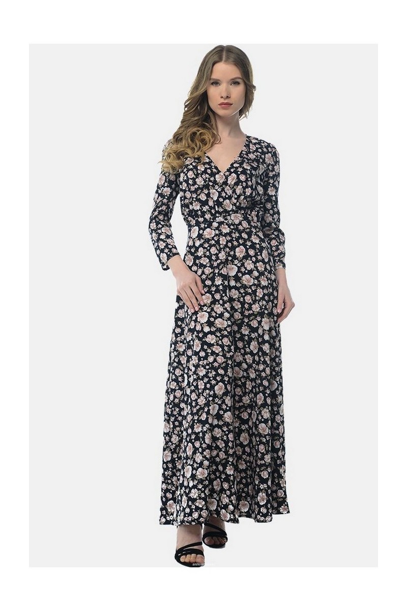 Buy Long Fitted Chiffon Black Floral Print V neck Long Sleeve Dress
