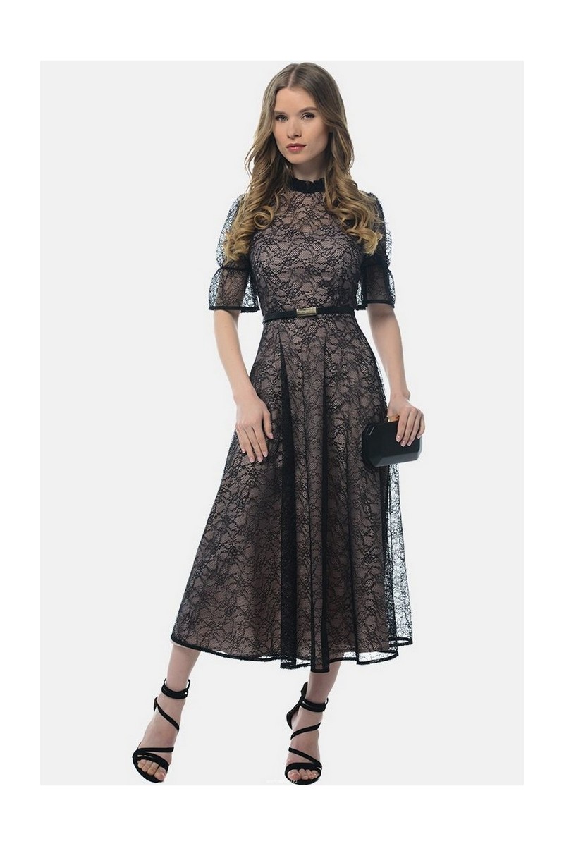 Buy Fitted black elegant guipure puffy skirt midi Retro dress, short sleeve stand-up collar zipper on the back dress