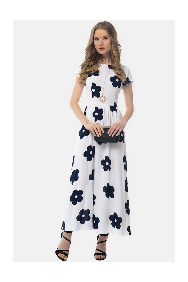 Buy Cotton White Floral Pattern Long Short Sleeve Dress, designer stylish dress