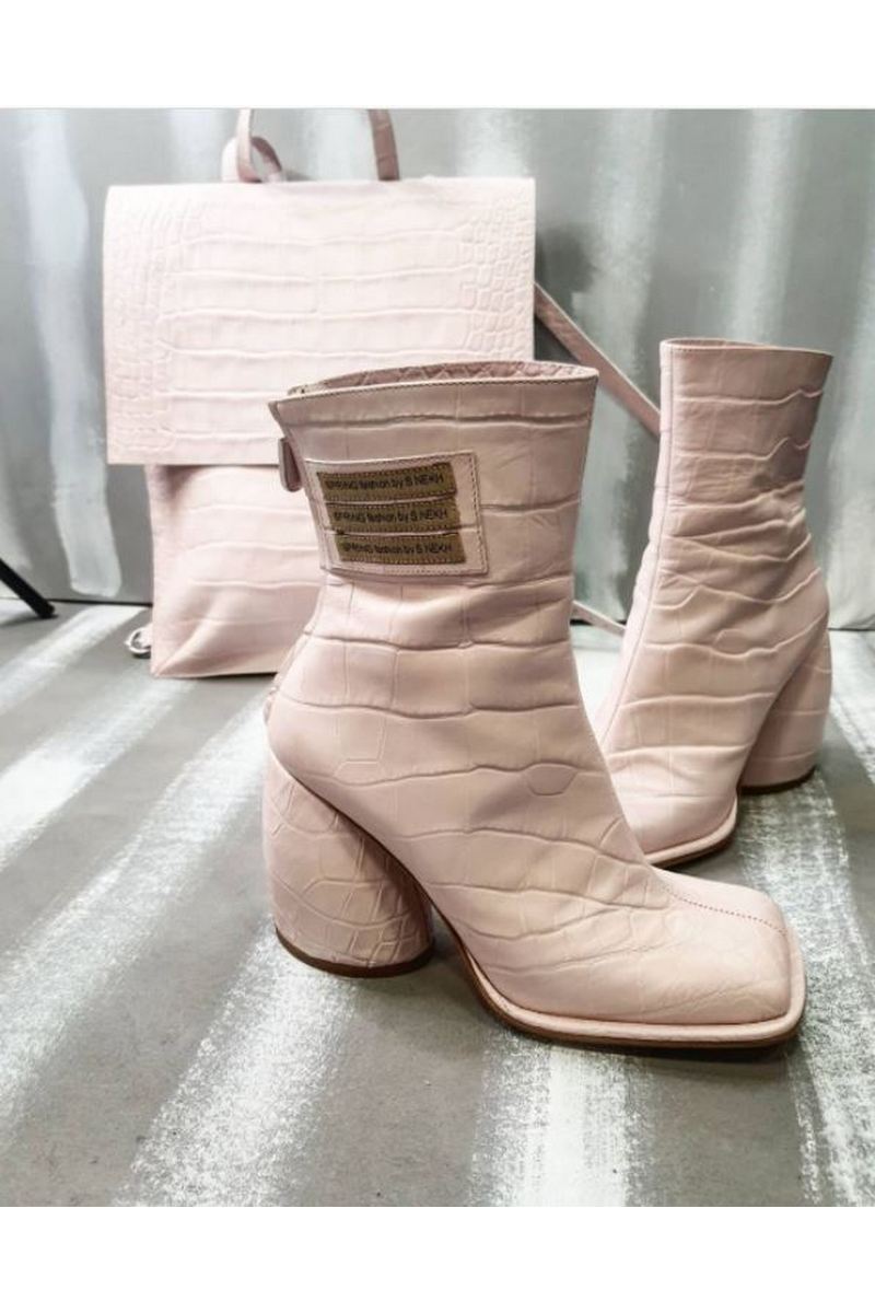 Buy Powdery matte leather croc embossing ankle boots with back zipper, wide heel square toe women ankle boots