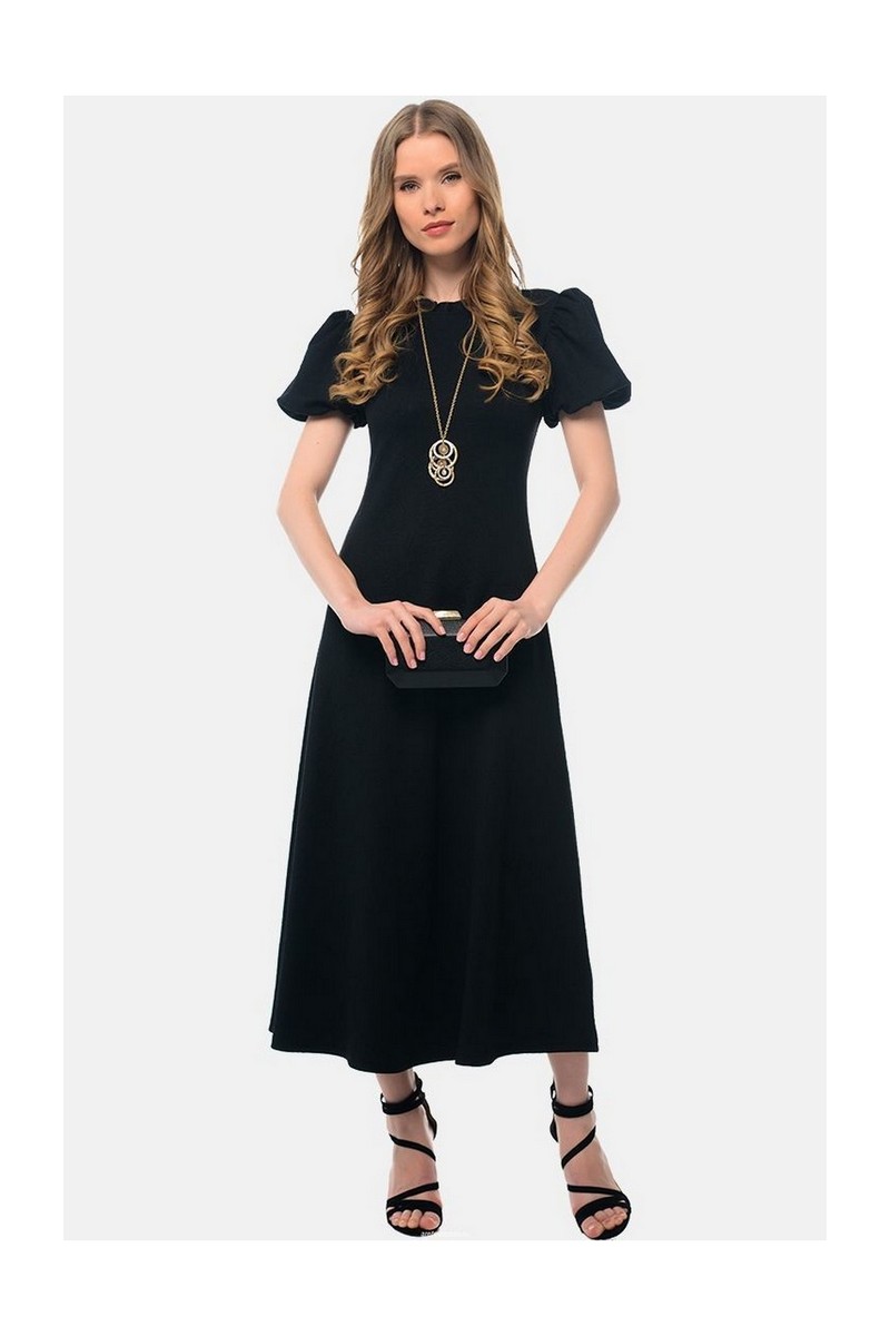 Buy Black midi elegant party evening dress, buttons short sleeve neckline dress