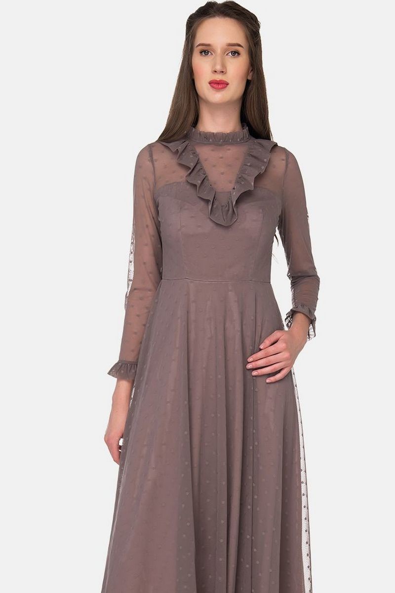 Buy Midi Grey Elegant Evening Dress, Mesh Zipper 3/4 Sleeve Lining women dress