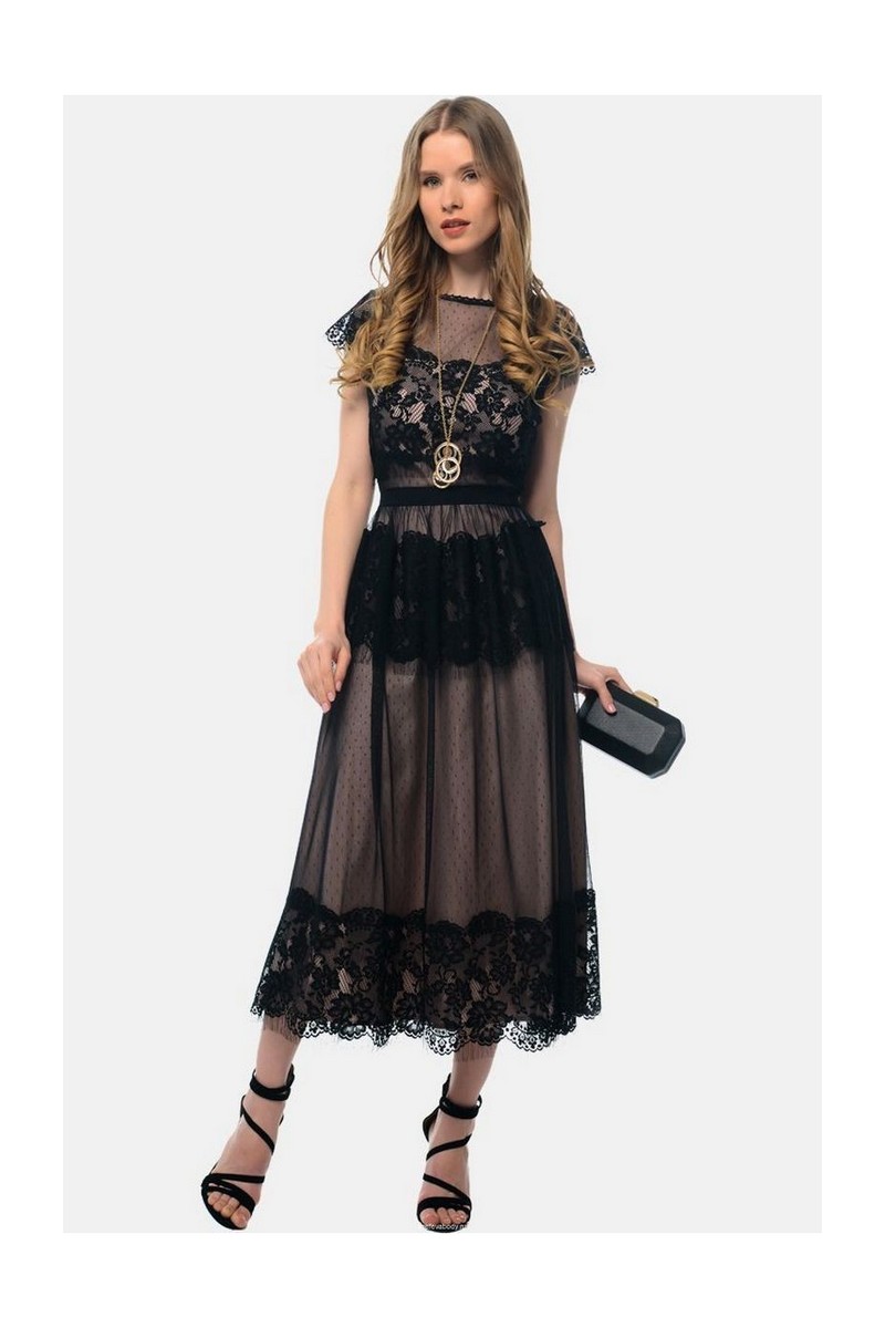 Buy Black evening lace fitted midi lace mesh dress, Elegant party dress