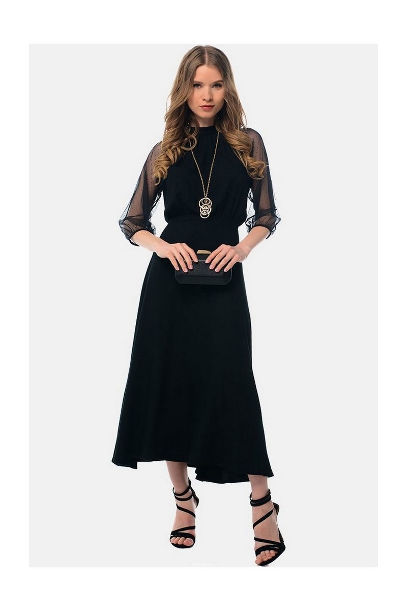 Buy Women's midi mesh elegant fitted dress, wide skirt 3/4 sleeve dress
