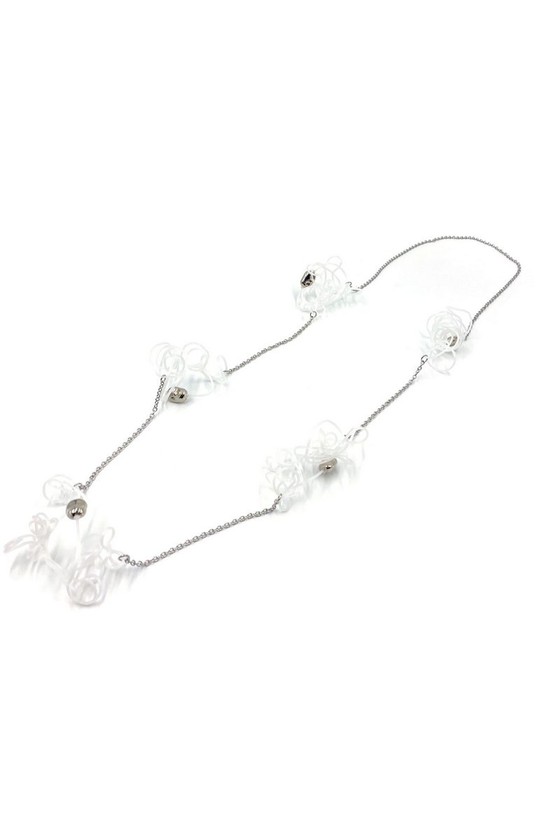 Buy Women contemporary long necklace handmade white nylon with 3D pieces