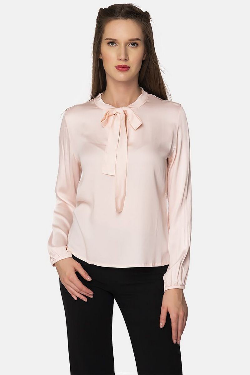 Buy Office Business Pink Cotton Blouse, Loose Drawstring Long Sleeve Designer Blouse