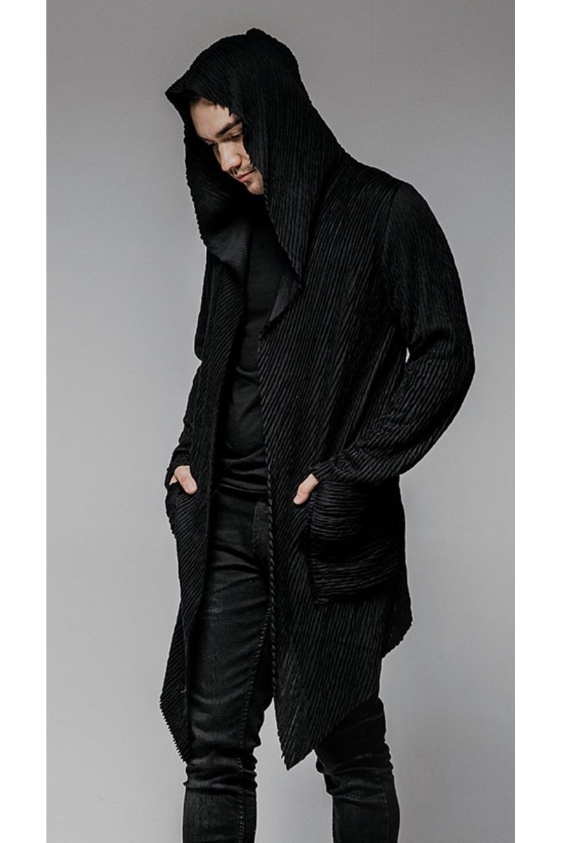 Buy Hooded black asymmetric mantle jacket, pockets oversized vintage style long jacket