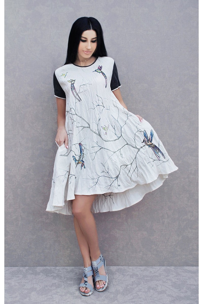 Buy Linen White Black Embroidered Short Sleeve Loose Linen Dress