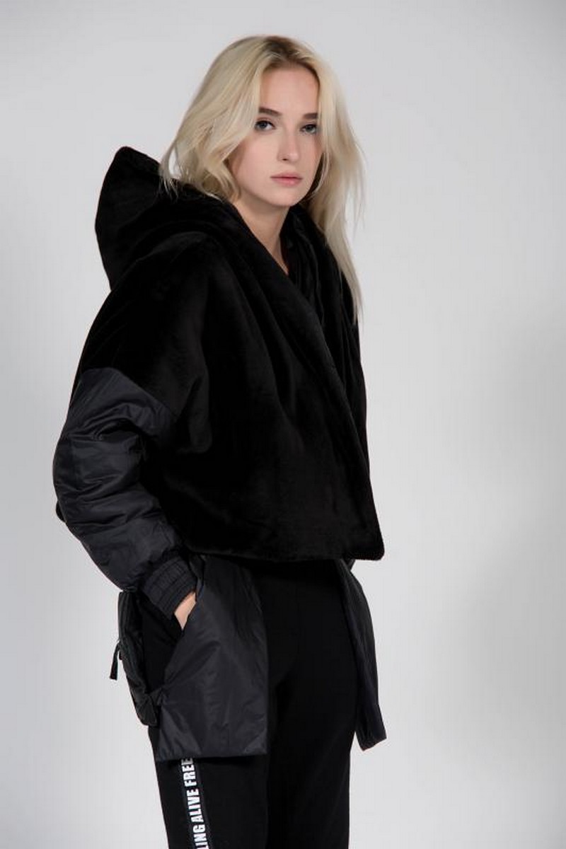 Buy Double sided black windproof eco-fur coat, women stylish hooded coat