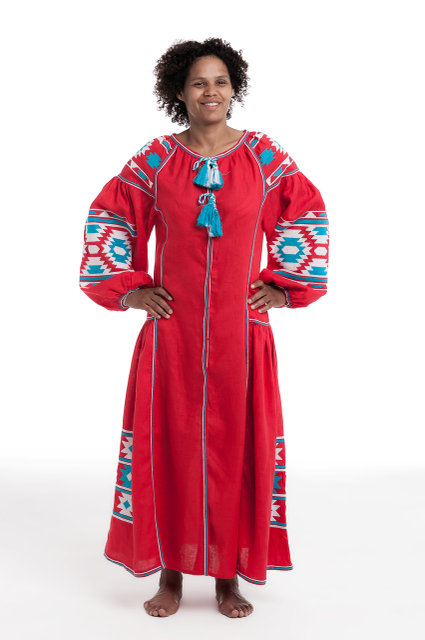 Buy Long embroidered red dress with embroidery, folk Ukrainian style, boho, hippie