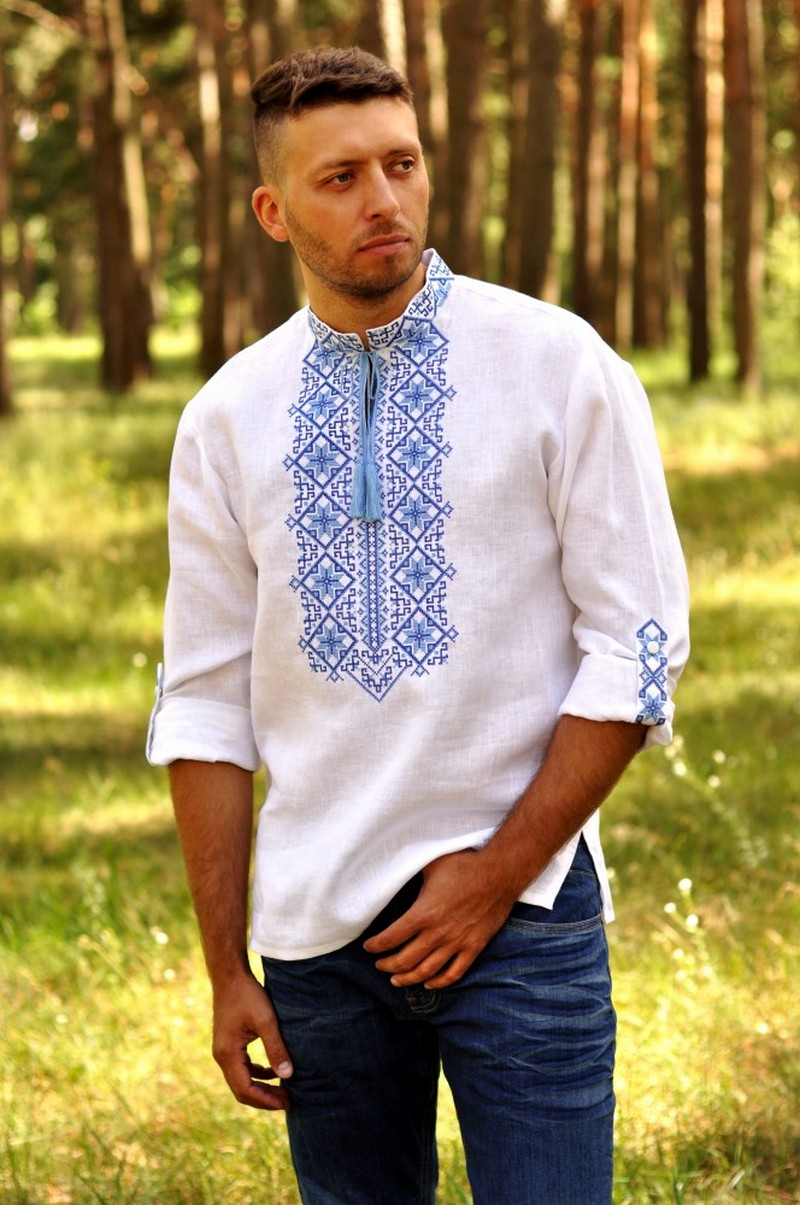 Men's linen white Boho Folk ethnic vyshivanka shirt, Summer Ukrainian  embroidery shirt with long sleeves