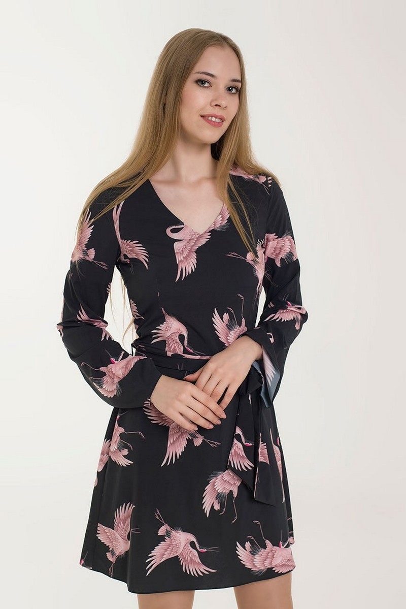 Buy V-neckline Black Party Elegant Long Sleeve Print Viscose Mini Dress