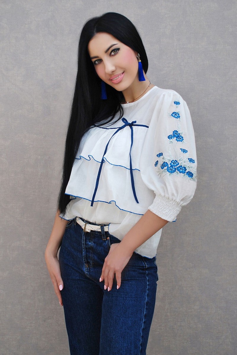 Buy Blouse cotton comfortable vyshivanka designer loose delicate white hand flower embroidery short sleeve