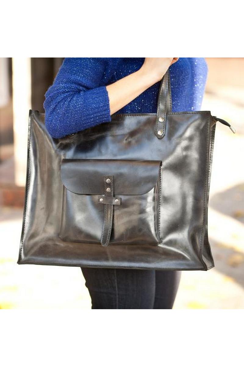 Buy Black classic real leather shopperbag, city women`s comfortable big bag 
