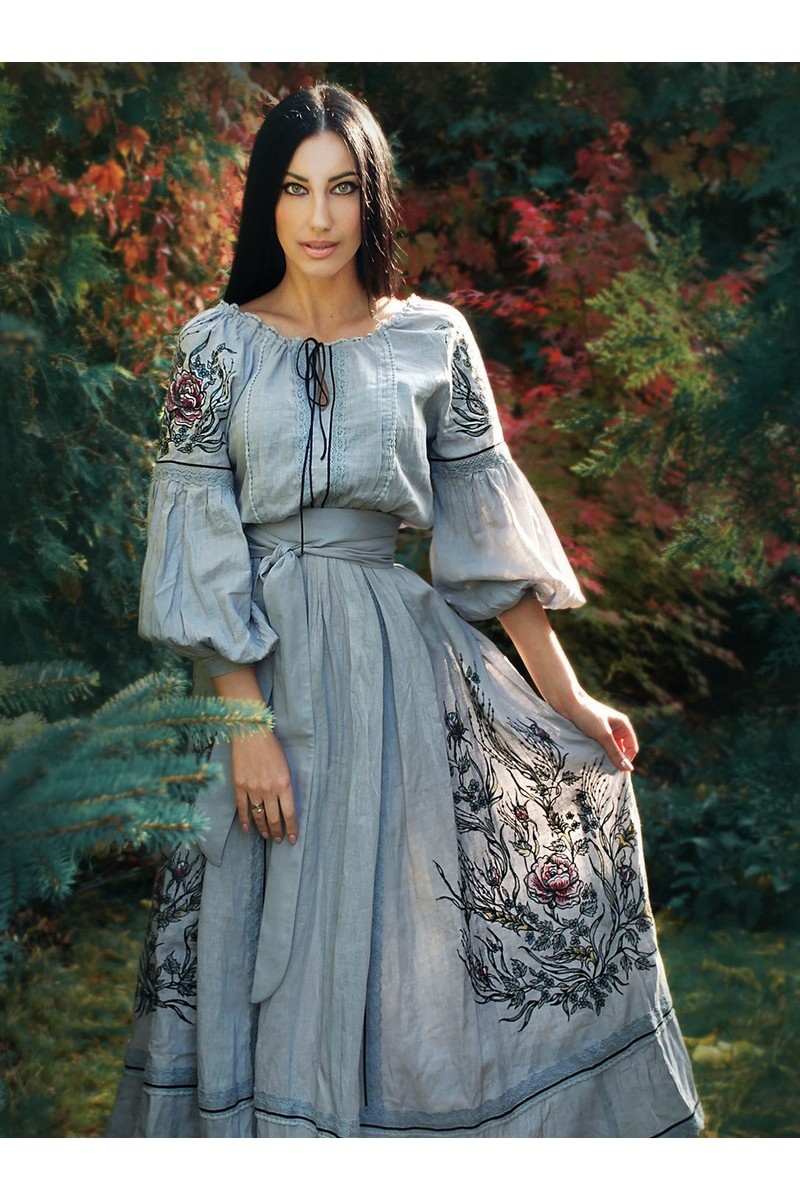 Buy Gray linen vyshivanka midi embroidery Ukrainian designer unique dress