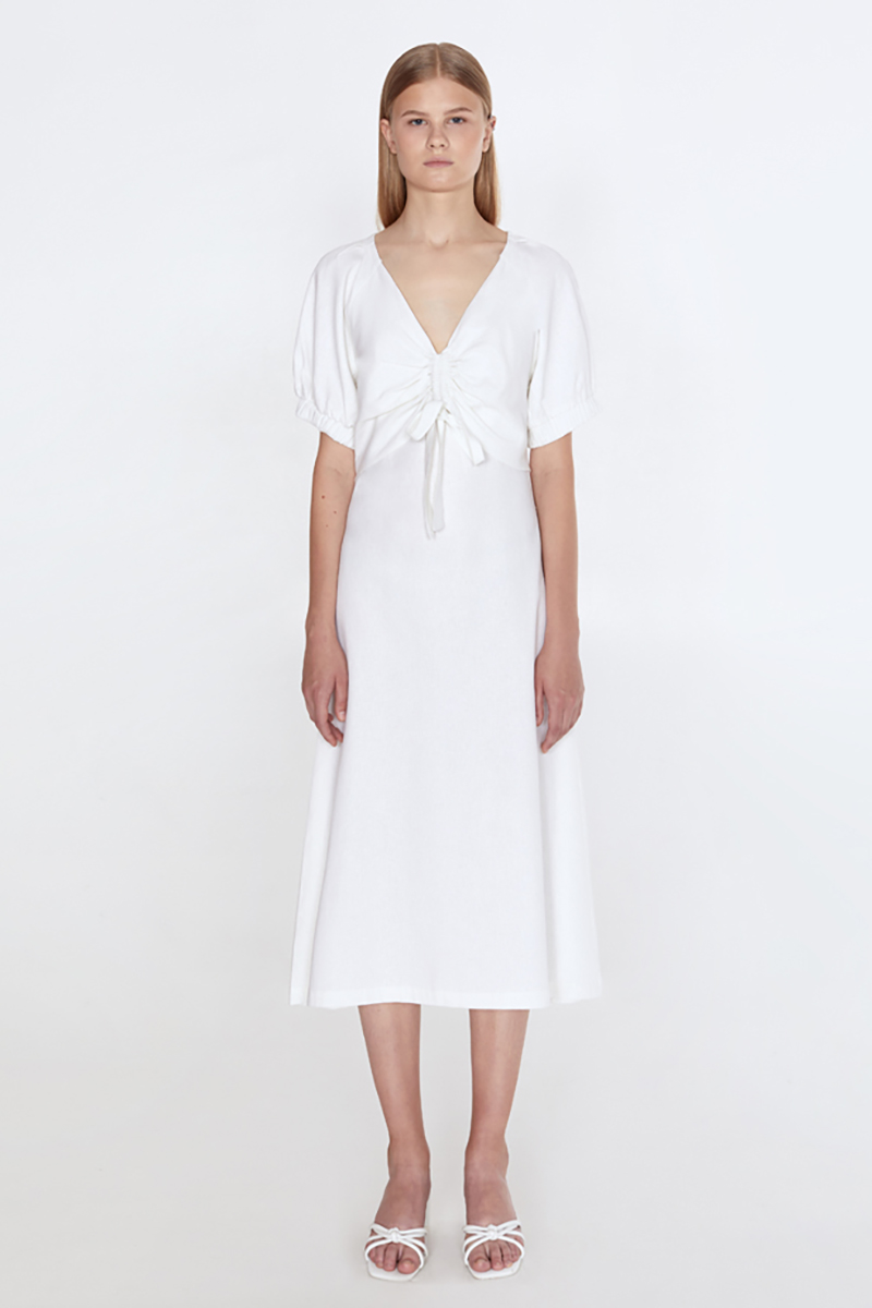Buy White linen casula comfortable romantic short sleeve V neck dress
