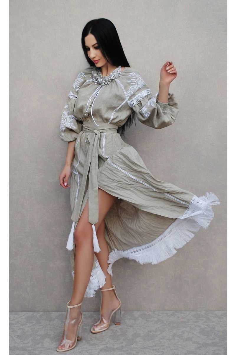 Buy Exclusive gray linen dress, handmade embroidery lace designer authentic Ukrainian dress