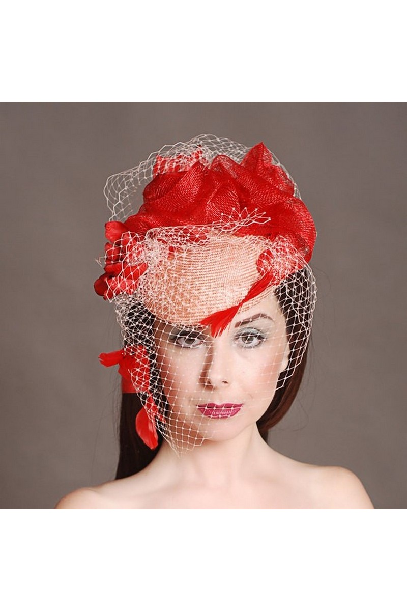 Buy Peach Straw Hat with red feather and Veil, Summer retro hat