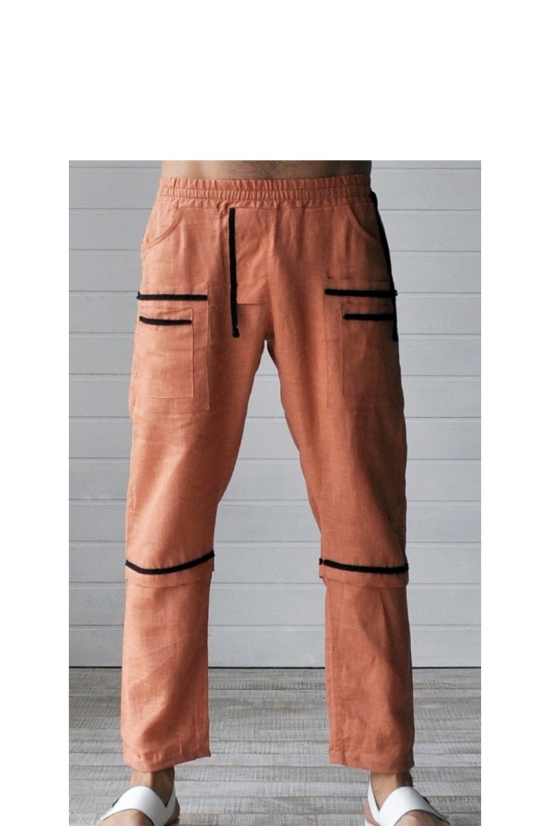 Buy Design comfort TERRACOTTA Linen chinos, Cotton men`s pockets elastic waist trousers