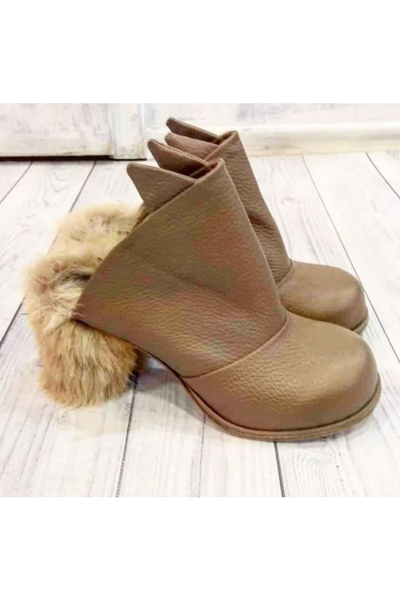 Buy Fur heel leather beige women's boots, stylish unique designer handmade shoes
