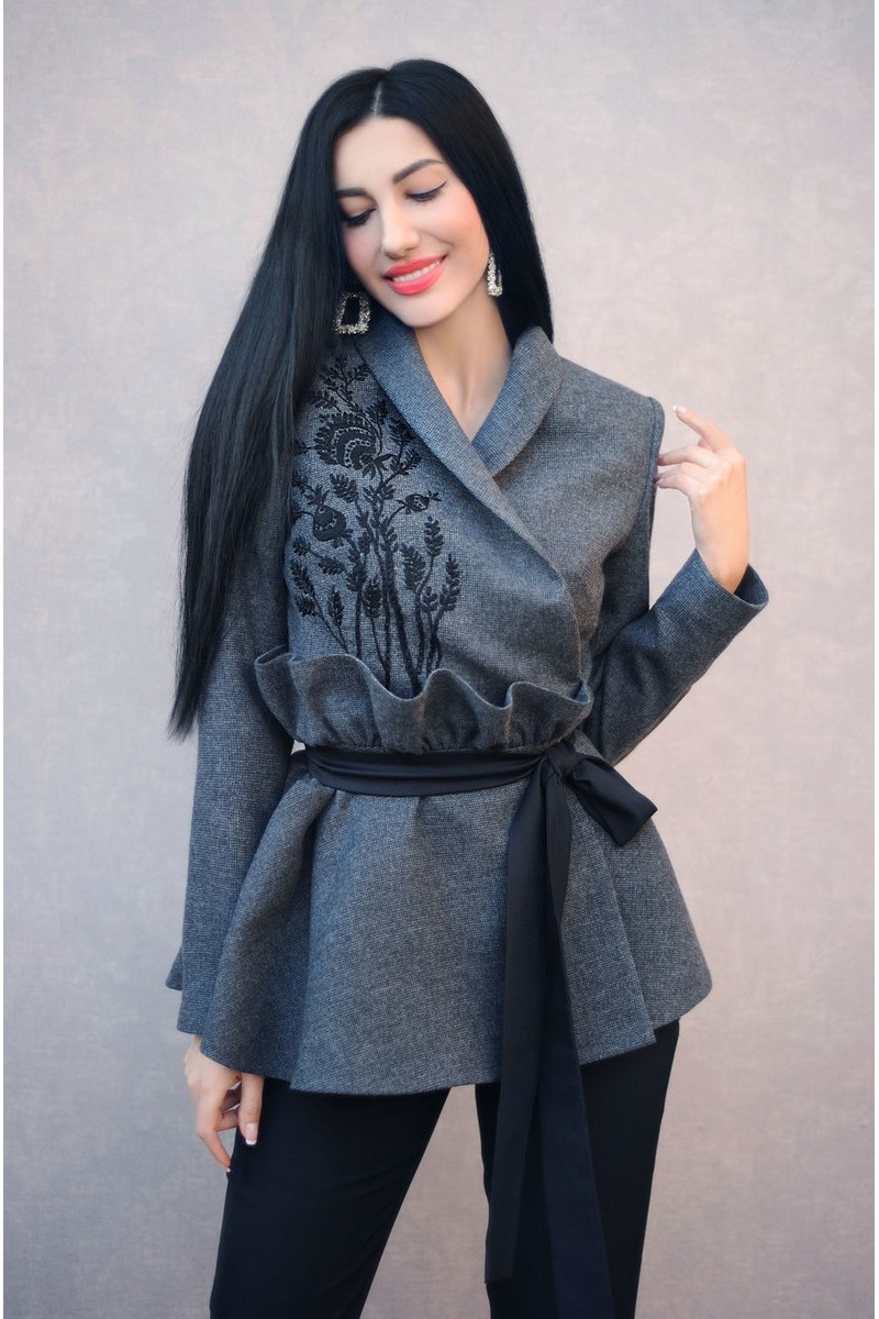 Buy Elegant stylish gray wool women`s hand embroidery jacket, asymmetric basque belt warm jacket