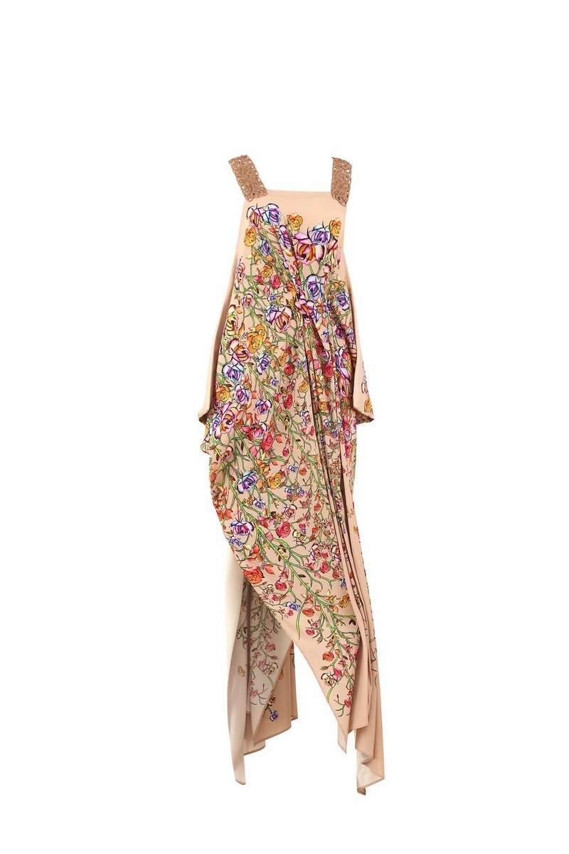 Buy Silk Unique Long Vintage Style Designer Dress, Exclusive Event Evening Straps Lace Floral Print Dress