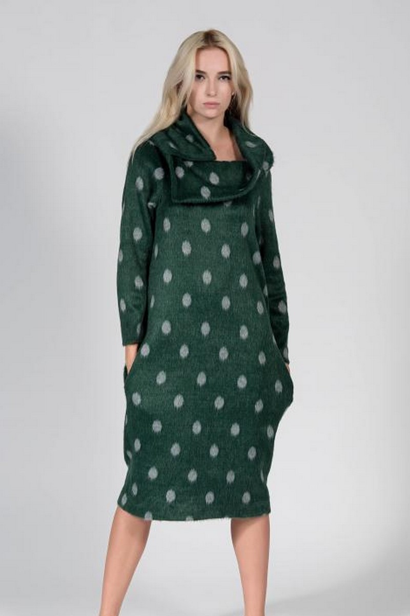 Buy Green peases below knee dress, warm wool loose pockets voluminous collar casual party dress