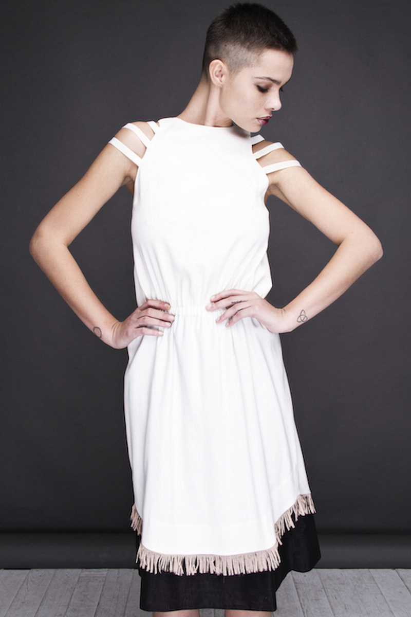 Buy Original white women`s black double dress, design elastic waist knee-length sleeveless dress 